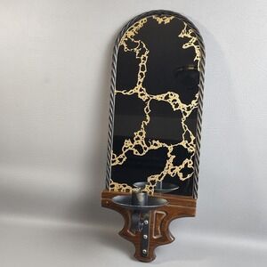 Vintage MCM Iron Rope Wooden Wall Sconce Candlestick Holder Gold Vein Mirror